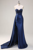 Navy Strapless Sweetheart Satin Mermaid Prom Dress with Side Cape