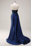 Navy Strapless Sweetheart Satin Mermaid Prom Dress with Side Cape