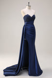 Navy Strapless Sweetheart Satin Mermaid Prom Dress with Side Cape