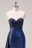 Navy Strapless Sweetheart Satin Mermaid Prom Dress with Side Cape