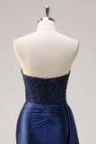 Navy Strapless Sweetheart Satin Mermaid Prom Dress with Side Cape