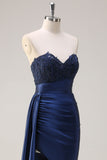 Navy Strapless Sweetheart Satin Mermaid Prom Dress with Side Cape