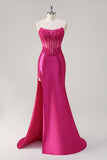 Fuchsia Strapless Applique Mermaid Satin Prom Dress with Slit