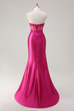 Fuchsia Strapless Applique Mermaid Satin Prom Dress with Slit