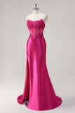 Fuchsia Strapless Applique Mermaid Satin Prom Dress with Slit