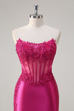 Fuchsia Strapless Applique Mermaid Satin Prom Dress with Slit