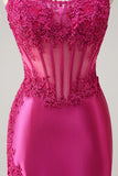 Fuchsia Strapless Applique Mermaid Satin Prom Dress with Slit