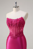 Fuchsia Strapless Applique Mermaid Satin Prom Dress with Slit