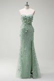 Sage Strapless Corset Applique Beaded Mermaid Prom Dress with Slit