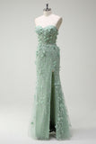 Sage Strapless Corset Applique Beaded Mermaid Prom Dress with Slit