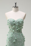 Sage Strapless Corset Applique Beaded Mermaid Prom Dress with Slit