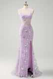 Sparkly Lilac Corset Sequined Mermaid Prom Dress with Slit