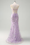 Sparkly Lilac Corset Sequined Mermaid Prom Dress with Slit