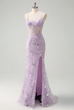 Sparkly Lilac Corset Sequined Mermaid Prom Dress with Slit