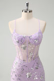 Sparkly Lilac Corset Sequined Mermaid Prom Dress with Slit