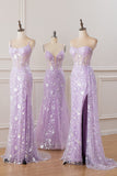 Sparkly Lilac Corset Sequined Mermaid Prom Dress with Slit