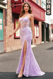 Lilac Corset Sequin Beaded Mermaid Prom Dress with Slit