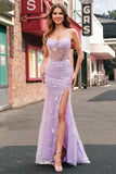 Lilac Corset Sequin Beaded Mermaid Prom Dress with Slit