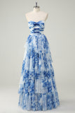 White Blue Flower Strapless Sweetheart Tiered A-Line Prom Dress