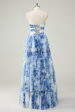 White Blue Flower Strapless Sweetheart Tiered A-Line Prom Dress