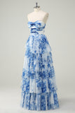 White Blue Flower Strapless Sweetheart Tiered A-Line Prom Dress