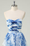 White Blue Flower Strapless Sweetheart Tiered A-Line Prom Dress