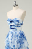 White Blue Flower Strapless Sweetheart Tiered A-Line Prom Dress