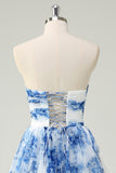 White Blue Flower Strapless Sweetheart Tiered A-Line Prom Dress