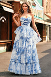 White Blue Floral Strapless Sweetheart Tiered Ruffle Prom Dress