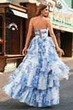 White Blue Floral Strapless Sweetheart Tiered Ruffle Prom Dress