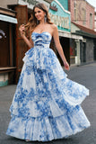 White Blue Floral Strapless Sweetheart Tiered Ruffle Prom Dress