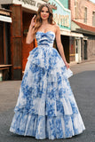 White Blue Floral Strapless Sweetheart Tiered Ruffle Prom Dress