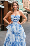 White Blue Floral Strapless Sweetheart Tiered Ruffle Prom Dress