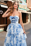 White Blue Floral Strapless Sweetheart Tiered Ruffle Prom Dress