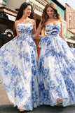 White Blue Floral Strapless Sweetheart Tiered Ruffle Prom Dress