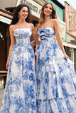 White Blue Floral Strapless Sweetheart Tiered Ruffle Prom Dress