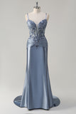 Grey Blue Spaghetti Straps Beaded Mermaid Satin Prom Dress