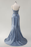 Grey Blue Spaghetti Straps Beaded Mermaid Satin Prom Dress