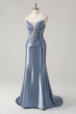 Grey Blue Spaghetti Straps Beaded Mermaid Satin Prom Dress