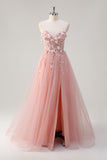 Pink Strapless Applique Beaded Tulle A-Line Prom Dress with Slit