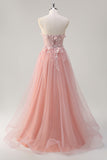 Pink Strapless Applique Beaded Tulle A-Line Prom Dress with Slit