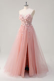 Pink Strapless Applique Beaded Tulle A-Line Prom Dress with Slit