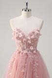 Pink Strapless Applique Beaded Tulle A-Line Prom Dress with Slit