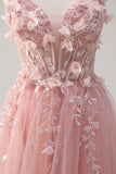 Pink Strapless Applique Beaded Tulle A-Line Prom Dress with Slit