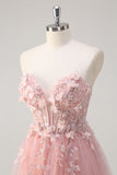 Pink Strapless Applique Beaded Tulle A-Line Prom Dress with Slit