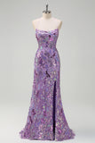 Sparkly Purple Sequins Beaded Mermaid Prom Dress with Slit