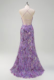 Sparkly Purple Sequins Beaded Mermaid Prom Dress with Slit