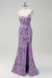 Sparkly Purple Sequins Beaded Mermaid Prom Dress with Slit