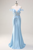 Sky Blue Corset Applique Mermaid Satin Prom Dress with Sequins