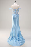 Sky Blue Corset Applique Mermaid Satin Prom Dress with Sequins